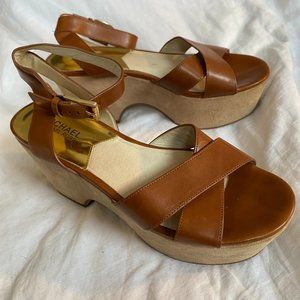 MICHAEL MICHAEL KORS PLATFORM SANDALS SUEDE AND LEATHER BROWN SIZE 8.5 M
